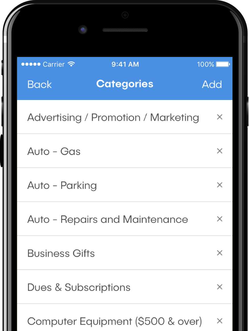 Image of dash™ mobile app, viewing the category editing screen.