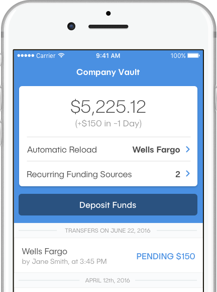 Image of phone running the dash™ app; screen shows the Company Vault screen with a balance of $5,225.12, Automatic Reload set to a Wells Fargo account, and a Deposit Funds button.