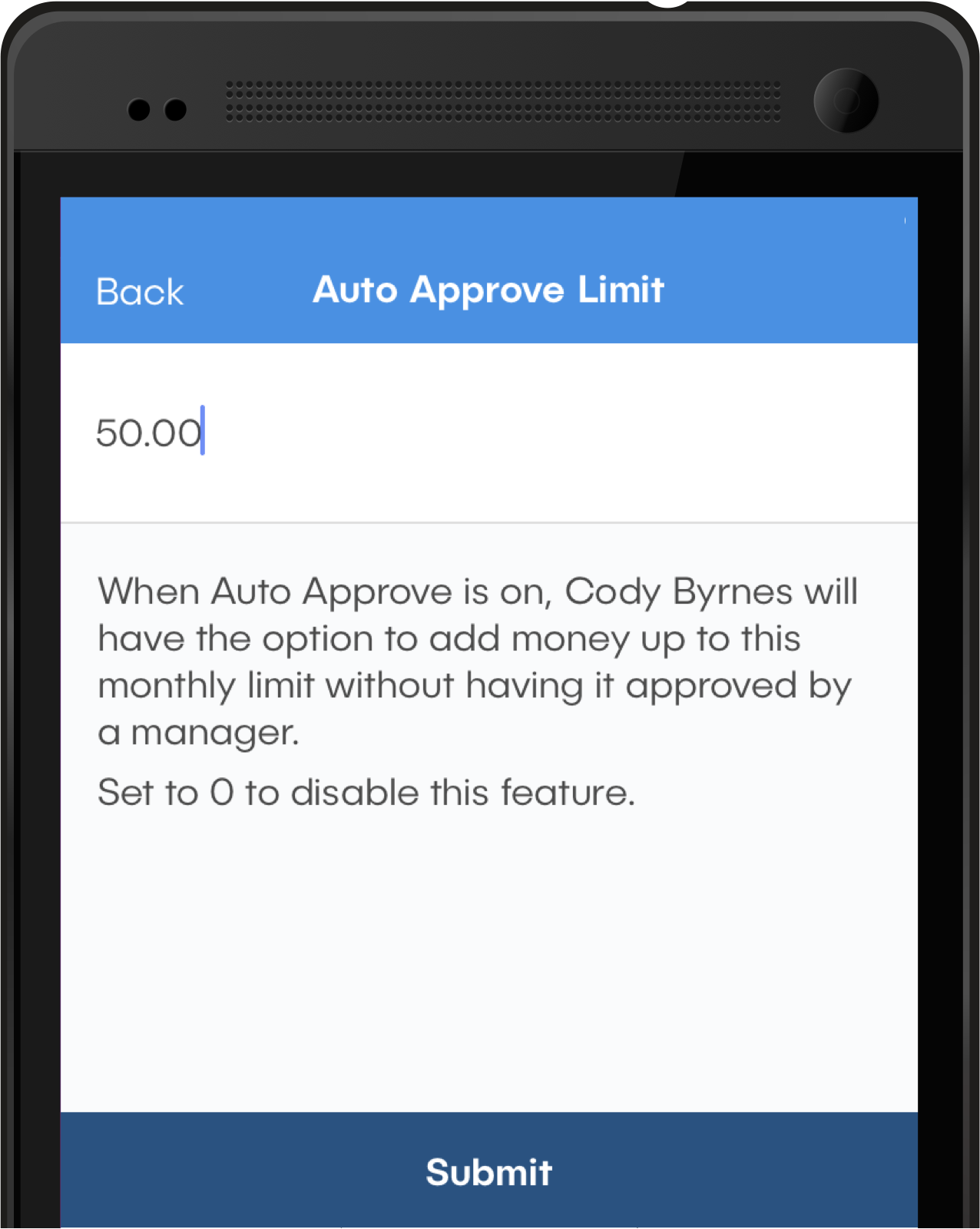 Image of phone running the dash™ app showing the Auto Approve Limit screen. The user has entered a limit of $50.