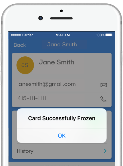 Image of dash™ mobile app, viewing a member detail screen for Jane Smith. An app notification message reads "Card Successfully Frozen."